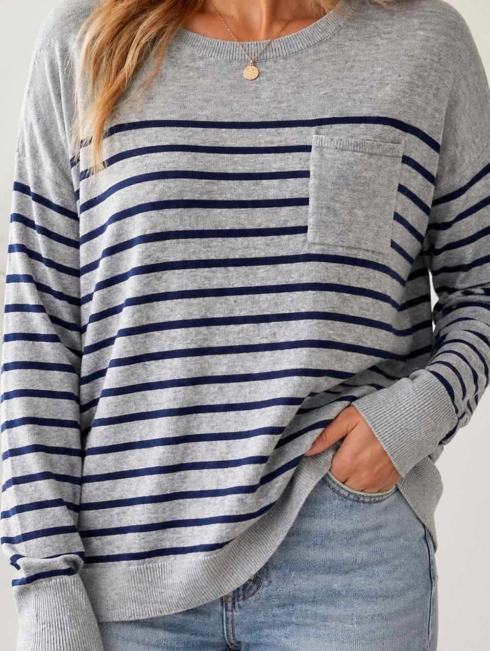Caslon Gray Navy Stripes Sweater Size Small